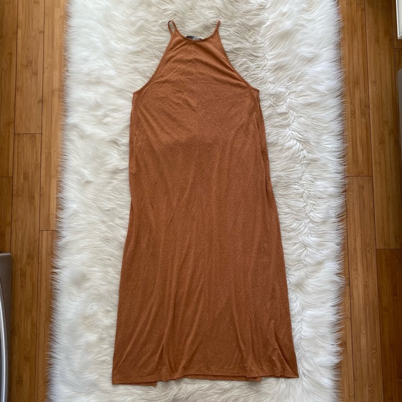 Eloquii Tan Sleeveless Slub knit Wrap Tie Front Lightweight High Neck Midi Dress - Picture 8 of 12